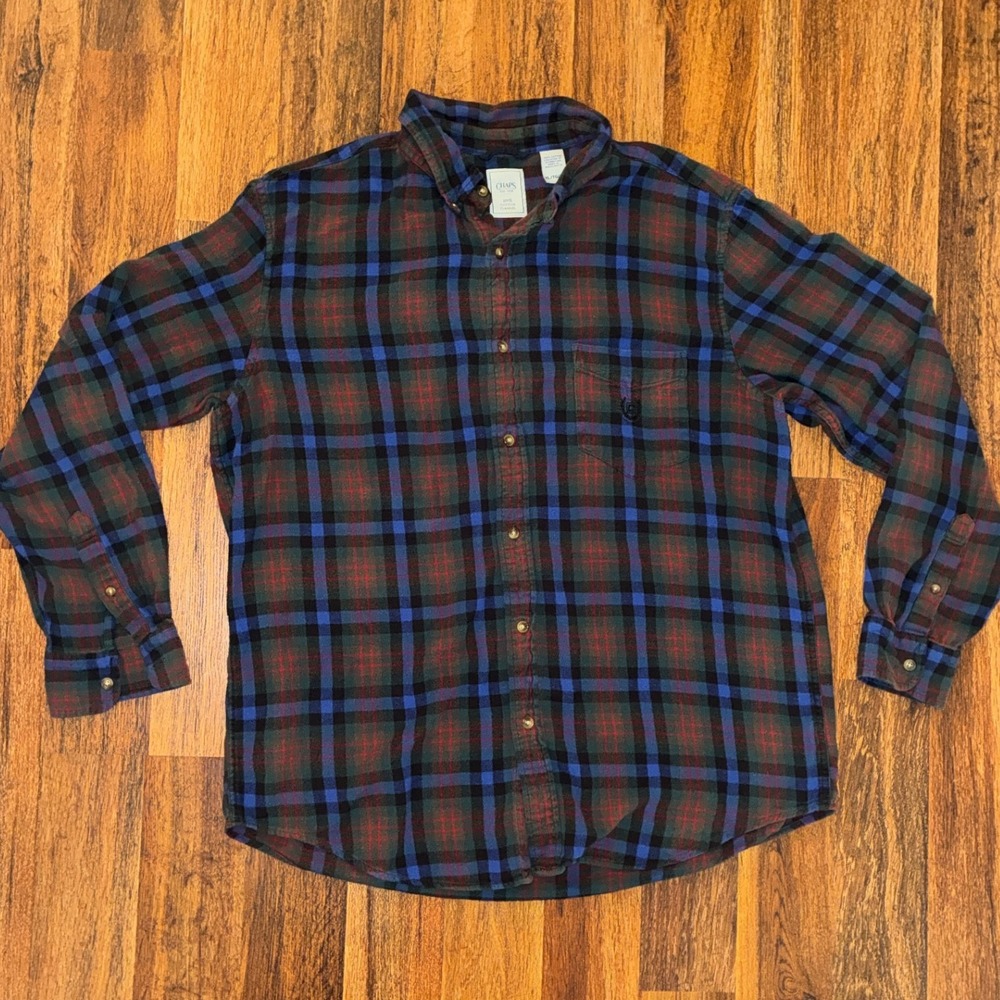 Chaps Mens XL Blue Green Red Plaid Flannel Button Down Shirt Long Sleeve Cotton